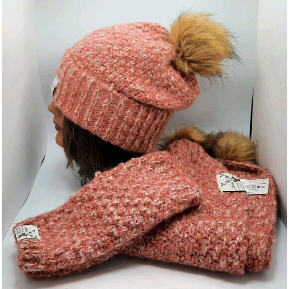 3 Pc Coral Warm Knit Scarf Gloves/ Beanie Pompom Hat / Beanie Pompom Scarf NWOT - Picture 7 of 8
